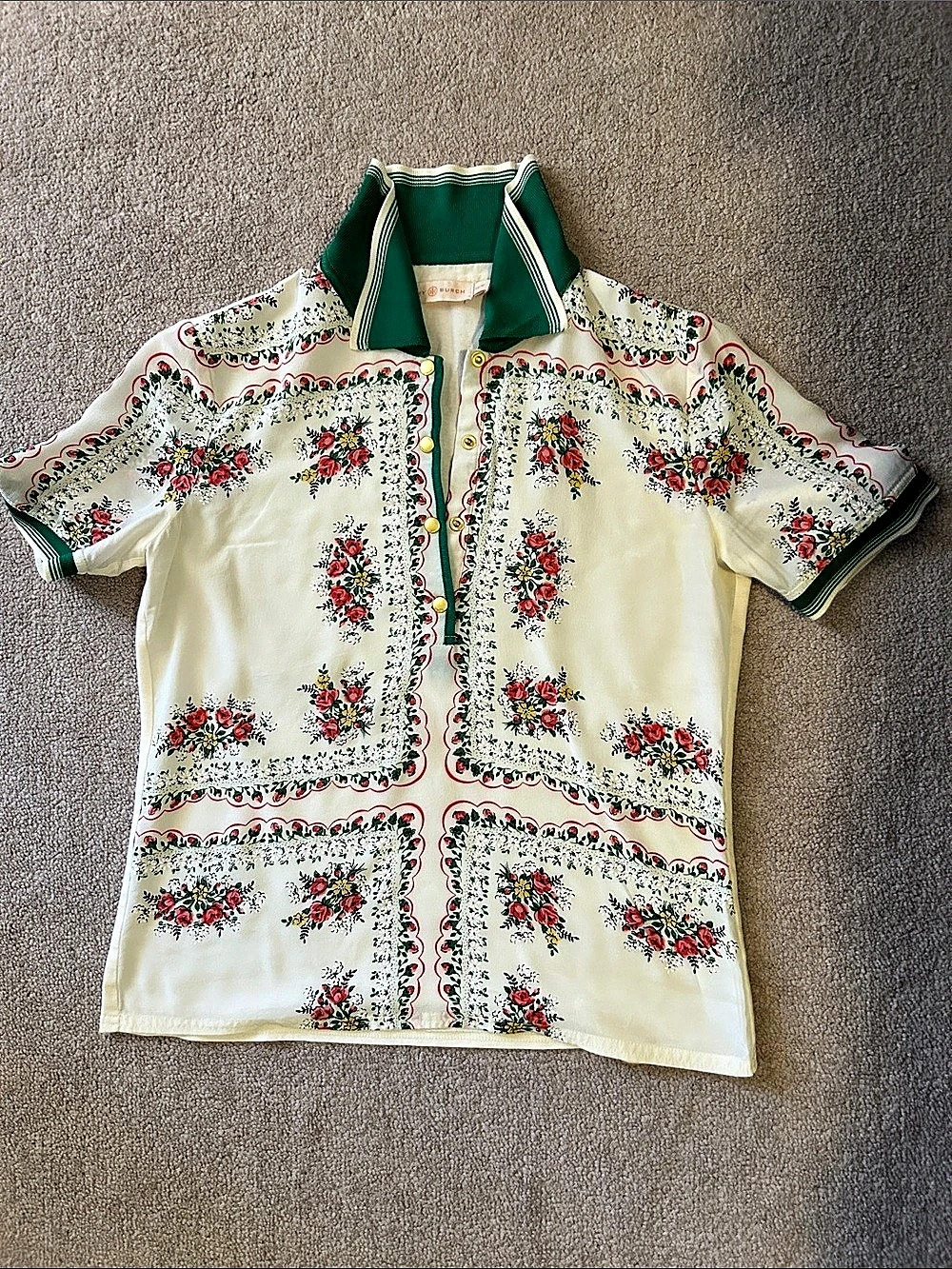 Tory Burch Floral Short Sleeve Shirt in Cream & Green